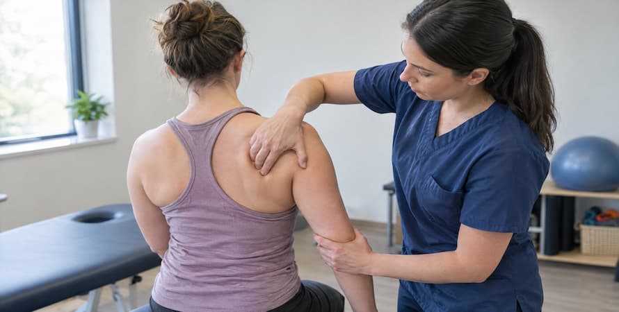 Diagnosis is mainly clinical — palpation along the outer border of the shoulder blade, combined with range of motion and resisted strength testing.