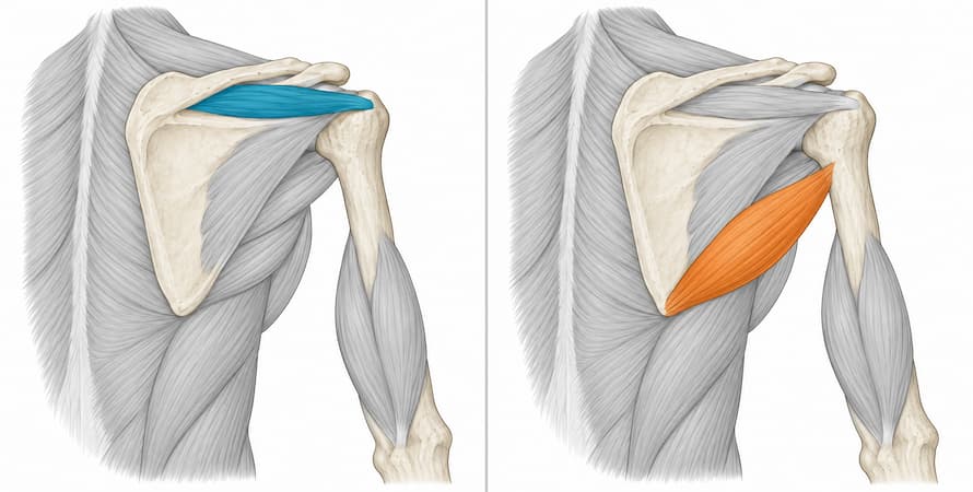 Teres minor (left) is the smaller of the two and part of the rotator cuff, rotating the arm outward. Teres major (right) is thicker, originates at the bottom corner of the shoulder blade, and rotates the arm inward.